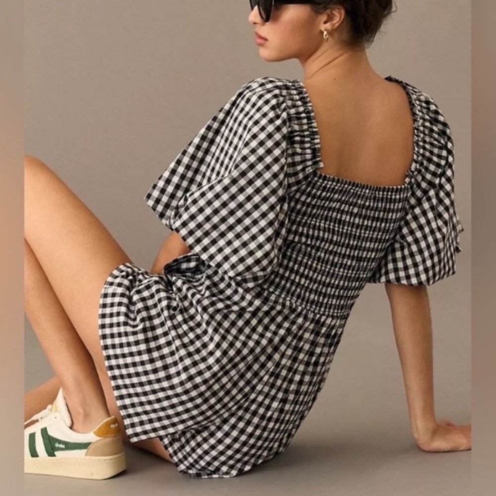 Anthropologie x Self Contrast Puff Sleeve Gingham Black White Smocked Romper XS - Picture 10 of 10